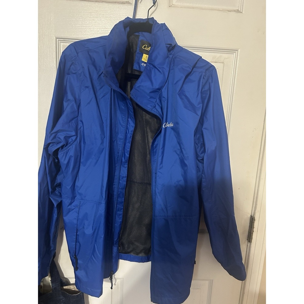 Cabelas Men's Blue Hooded Full Zip Rain Jacket XL Hunting Fishing Hiking